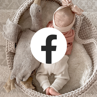 Baby im Körbchen mit Stofftier. Facebook Logo im Bild