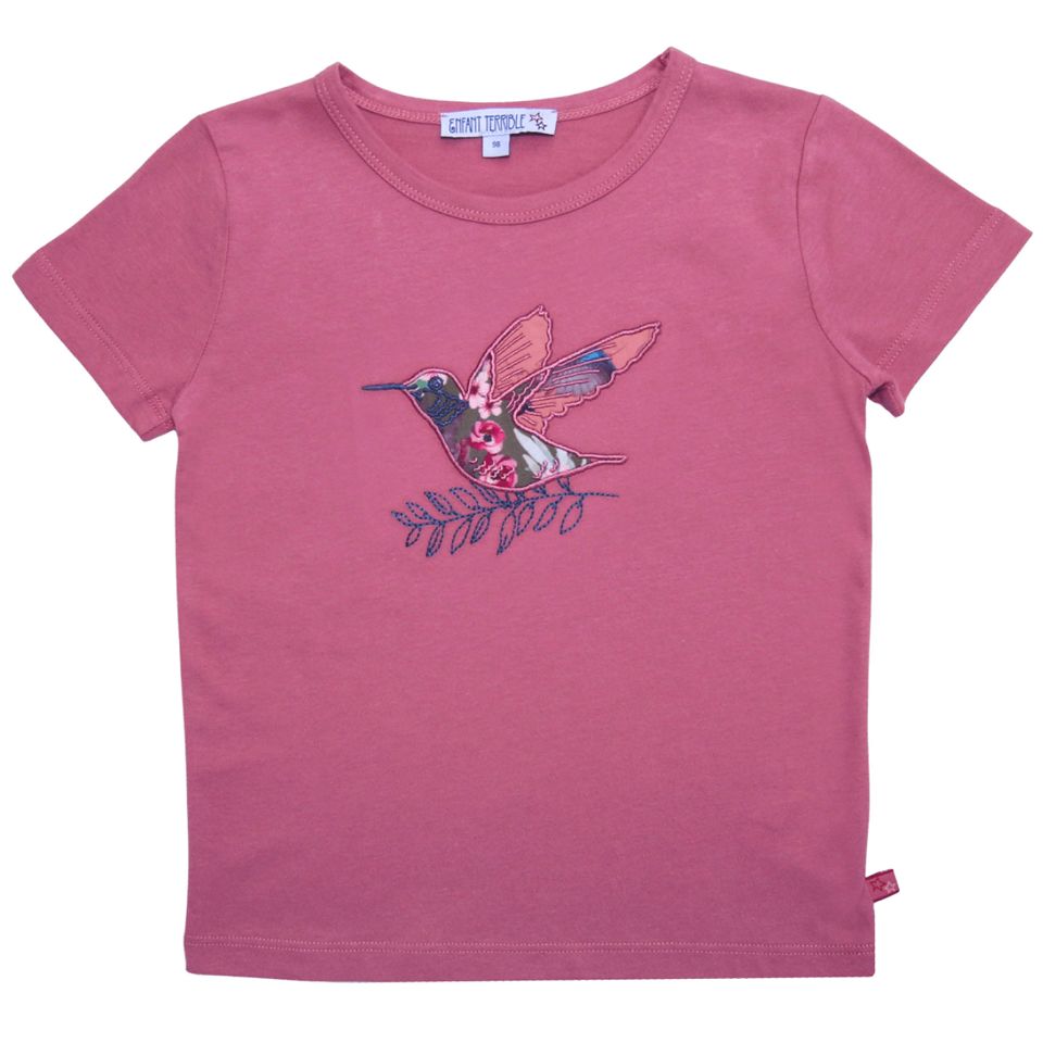 Shirt kurzarm Vogel-Aufnäher kräftiges rosa