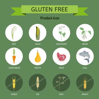 Grafik mit Glutenfreien Produkten wie Reis, Mais, Fleisch, Obst & Gemüse.