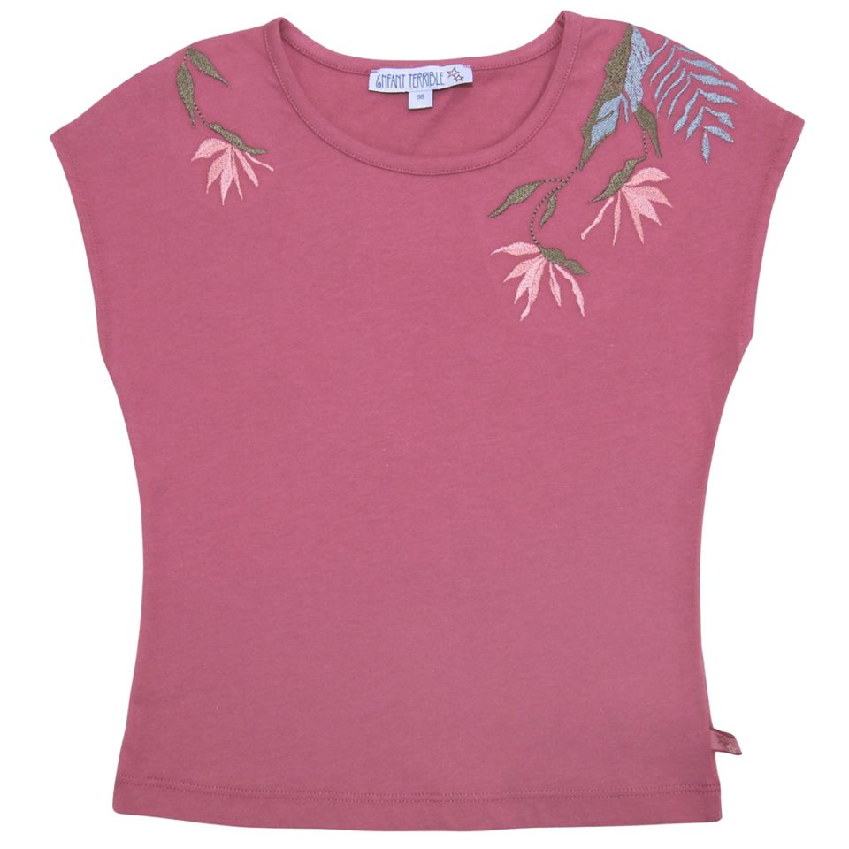 Sommer Shirt Blumen-Stickerei pink