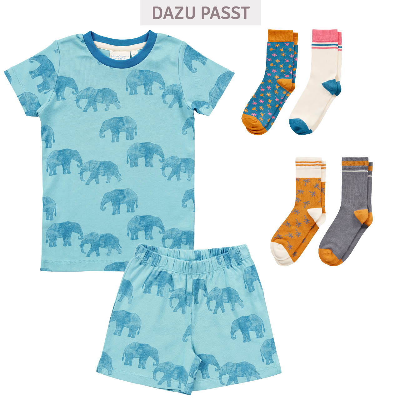 Sommer Kinder Schlafanzug kurz Elefanten hellblau