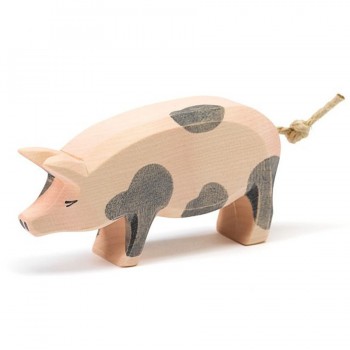 Schwein gefleckt Holzfigur - Kopf hoch 6 cm