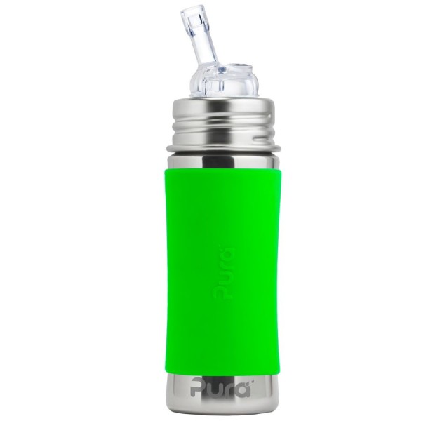 Edelstahl Flasche mit Trinkhalm ab 12 M - open end grün