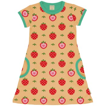 Kurzarm Kleid A-Linie Erdbeeren beige