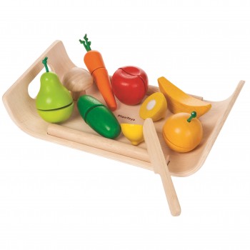 Holz Obst + Gemüse zum Schneiden auf Tablett