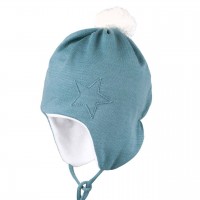 Warme Bio Baby Wintermütze mit Bommel blau