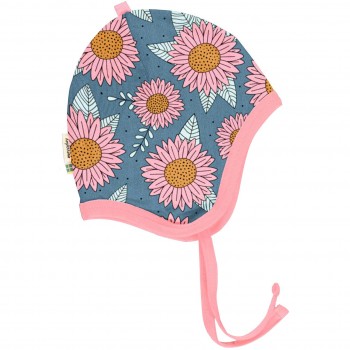 Babymütze leicht mit Ohrenschutz Sonnenblumen in blau