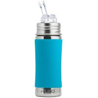 Edelstahl Flasche mit Trinkhalm ab 12 M - open end aqua-blau